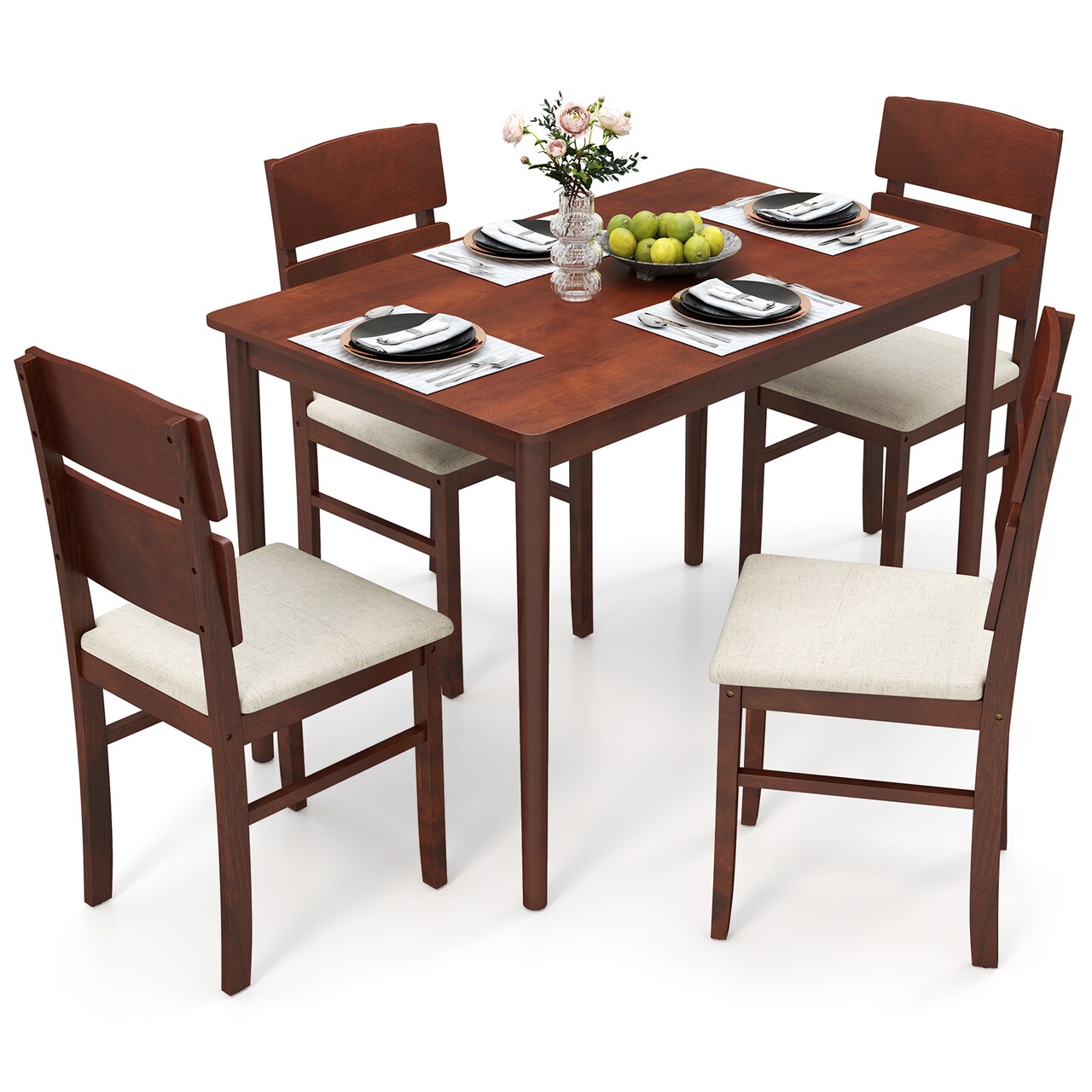 Rubber Wood Polyester Fabric 5-Piece Dining Set with Rectangular Table